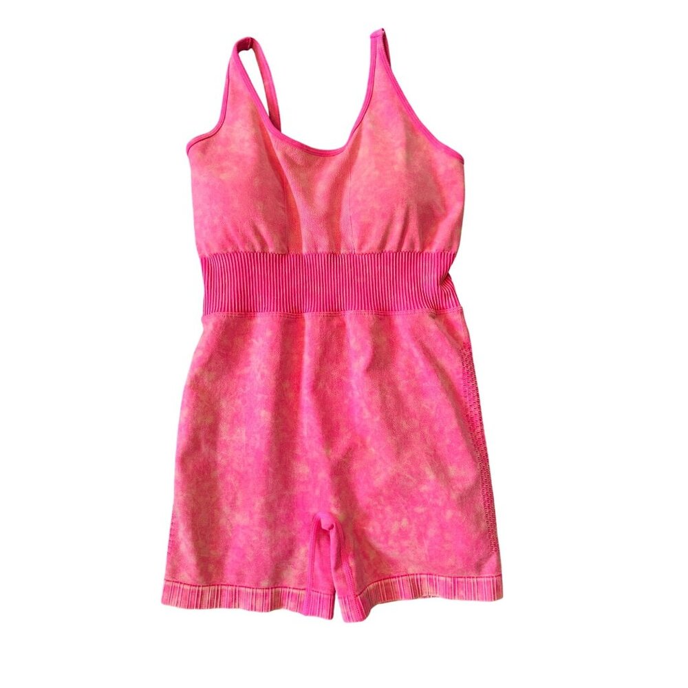 Neon Pink Tie-Dye Workout Romper Ribbed Waist & Strappy Back ASO Barbie